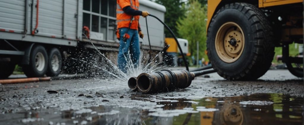 High-pressure water jetting service cleaning a residential sewer line with professional equipment.