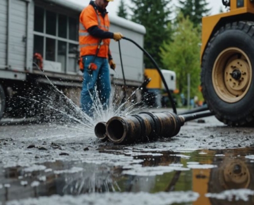 High-pressure water jetting service cleaning a residential sewer line with professional equipment.