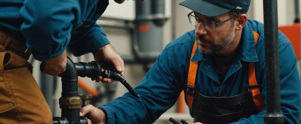 Plumber inspecting cast iron pipe with specialized equipment for pipe lining services.