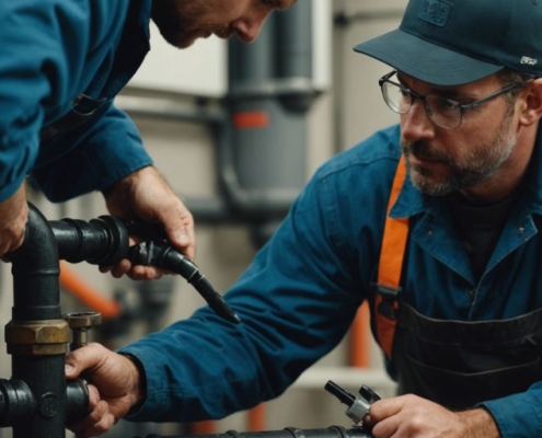 Plumber inspecting cast iron pipe with specialized equipment for pipe lining services.