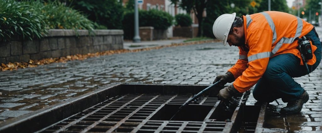 Professional worker cleaning a commercial storm drain with specialized equipment, highlighting the importance of regular maintenance.