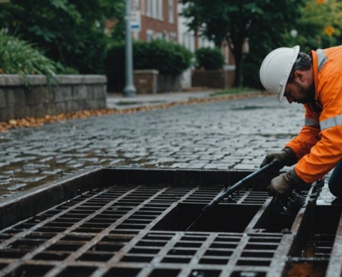 Professional worker cleaning a commercial storm drain with specialized equipment, highlighting the importance of regular maintenance.