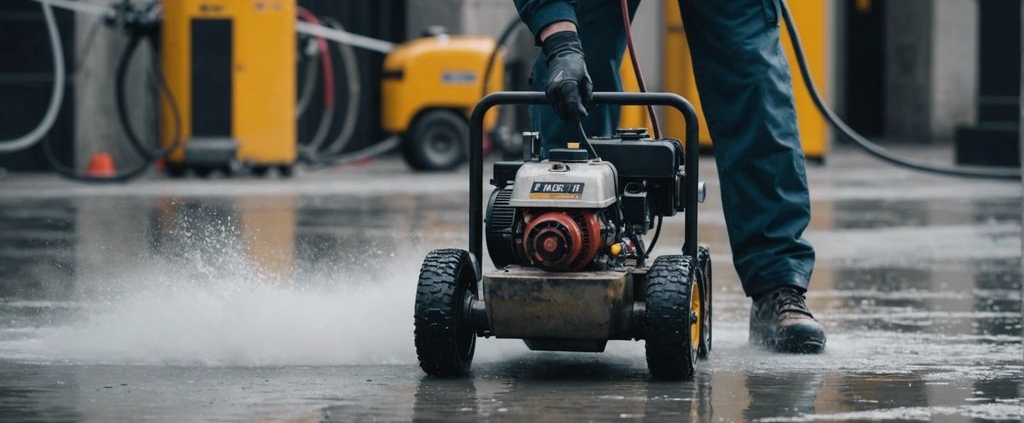 Technician using high-pressure water jet to clean a dirty concrete surface, showcasing effective water jetting services.