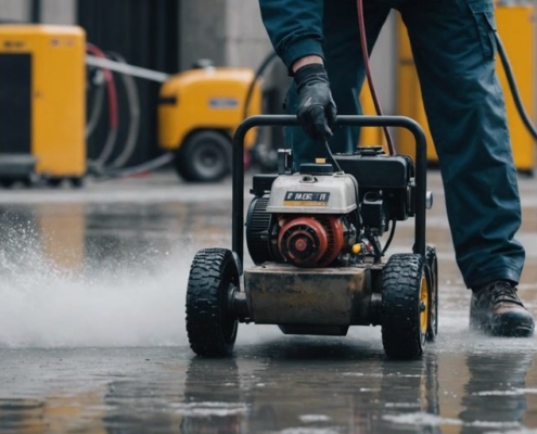 Technician using high-pressure water jet to clean a dirty concrete surface, showcasing effective water jetting services.