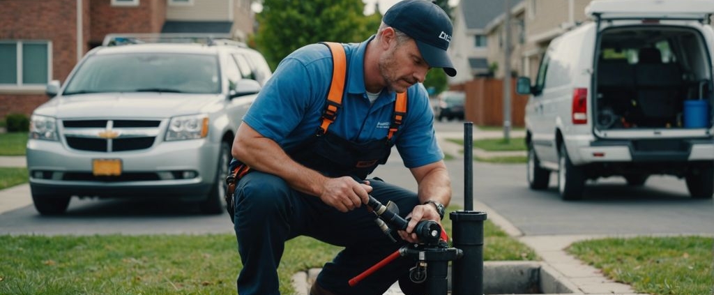 Professional plumber inspecting drain pipe with specialized equipment in a suburban neighborhood.