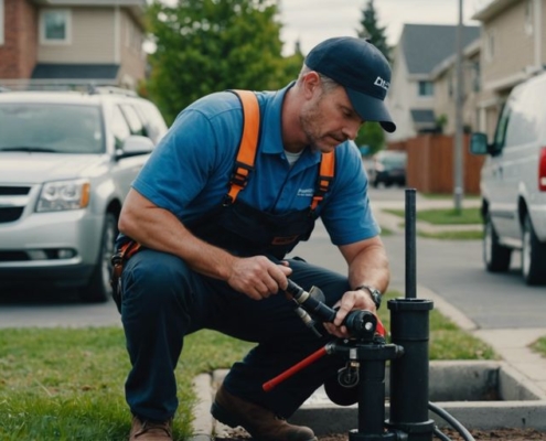 Professional plumber inspecting drain pipe with specialized equipment in a suburban neighborhood.