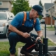 Professional plumber inspecting drain pipe with specialized equipment in a suburban neighborhood.