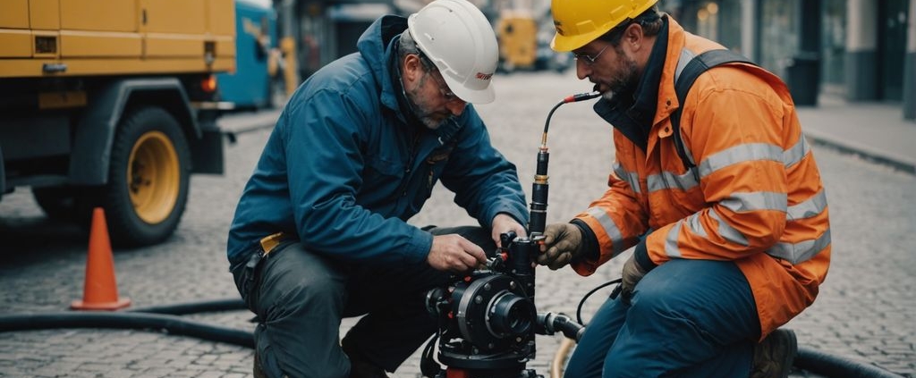 Trenchless pipe installation by technician in city