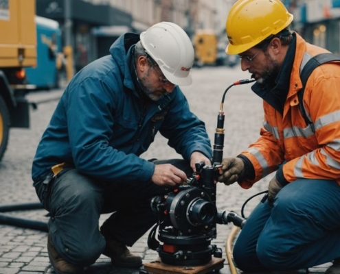 Trenchless pipe installation by technician in city