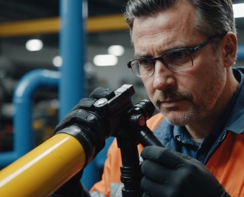 Technician inspecting a pipe with specialized equipment for pipe lining services.