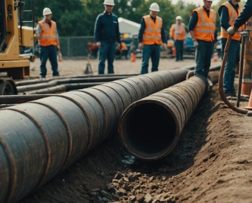 Workers relining a sewer pipe with modern equipment, showcasing the relining process in a cross-sectional view.