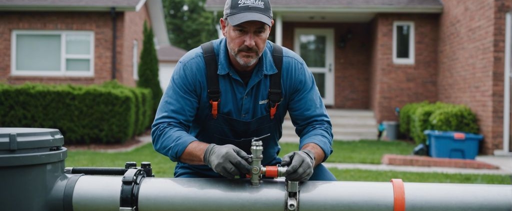 Professional plumber relining a pipe with specialized equipment in front of a suburban home.