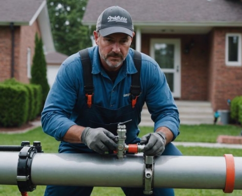 Professional plumber relining a pipe with specialized equipment in front of a suburban home.