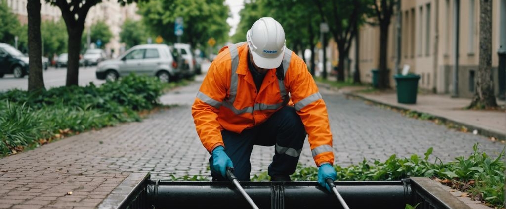 Professional cleaning a commercial storm drain with equipment, urban infrastructure and greenery in the background.