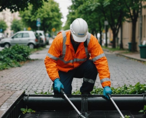 Professional cleaning a commercial storm drain with equipment, urban infrastructure and greenery in the background.