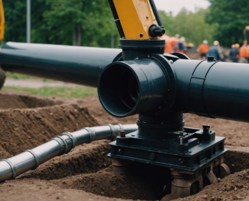 Trenchless pipe installation machine laying pipes underground without surface disruption.