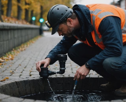 Technician examining drain pipe for lining services