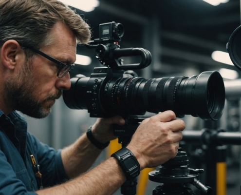 Technician using camera to inspect pipe lining