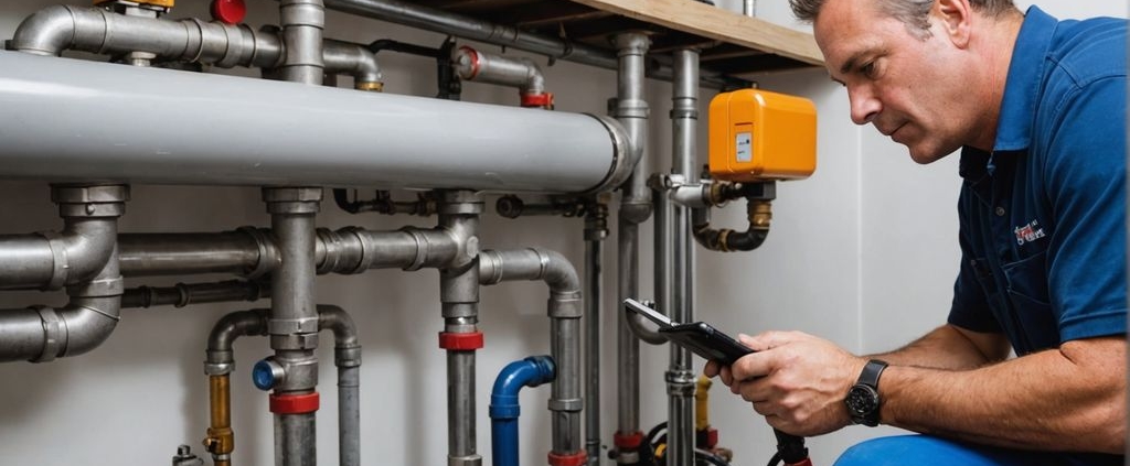 Plumber inspecting pipe with specialized equipment.