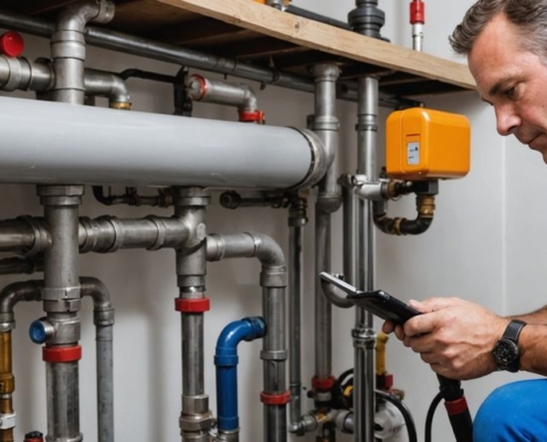 Plumber inspecting pipe with specialized equipment.