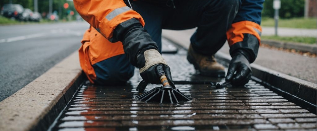 Technician using equipment to clean a storm drain