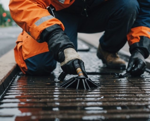 Technician using equipment to clean a storm drain