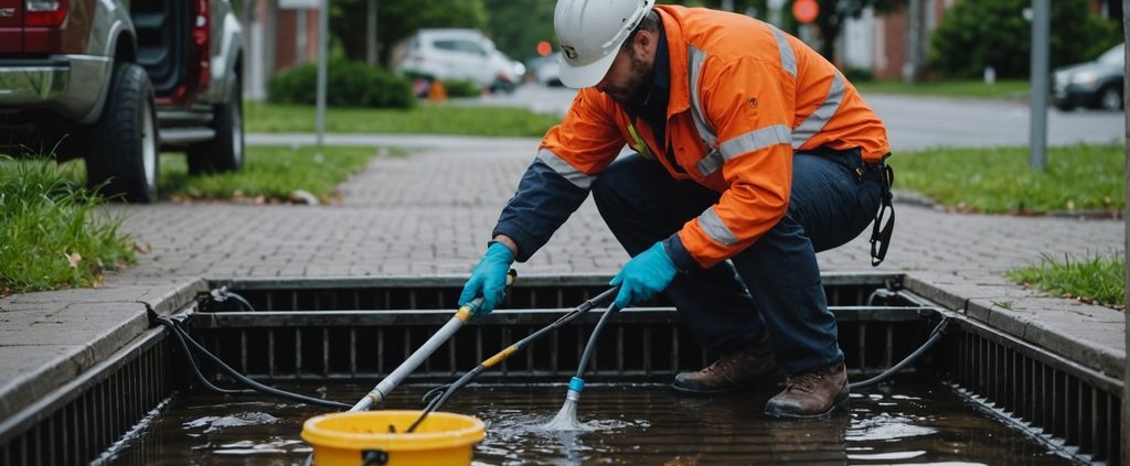 Technician using equipment to clean a storm drain