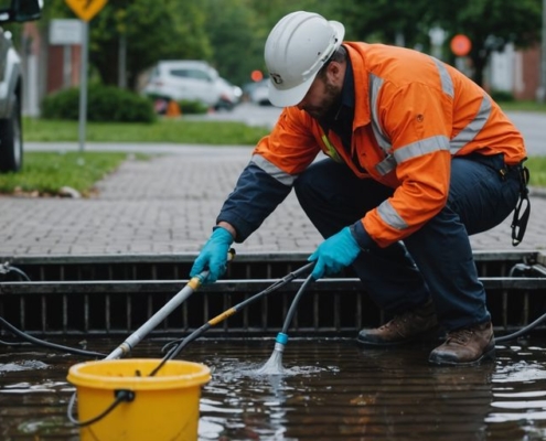 Technician using equipment to clean a storm drain