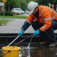 Technician using equipment to clean a storm drain