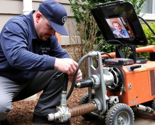 Plumber relining a pipe with advanced tools