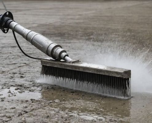 High-pressure water jet cleaning concrete