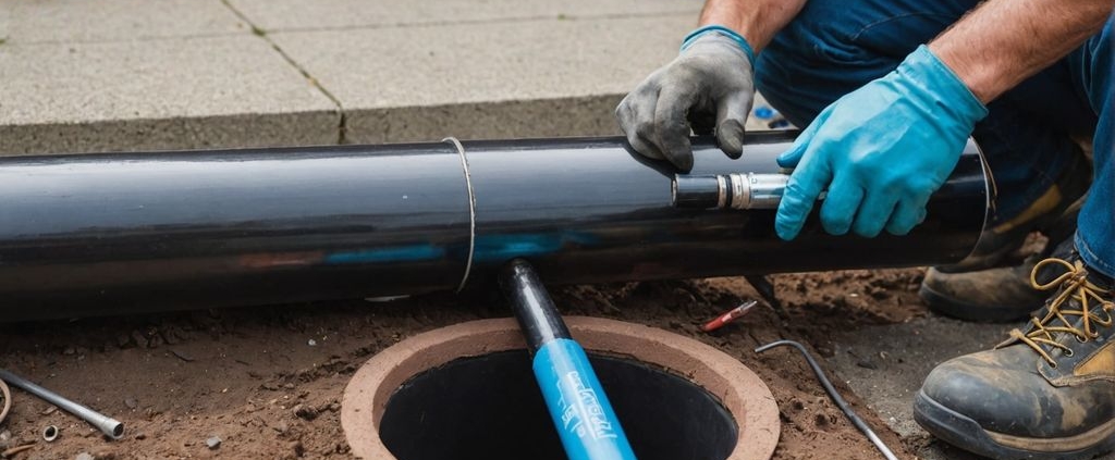 Worker installing drain pipe lining