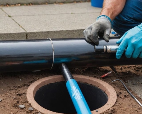 Worker installing drain pipe lining